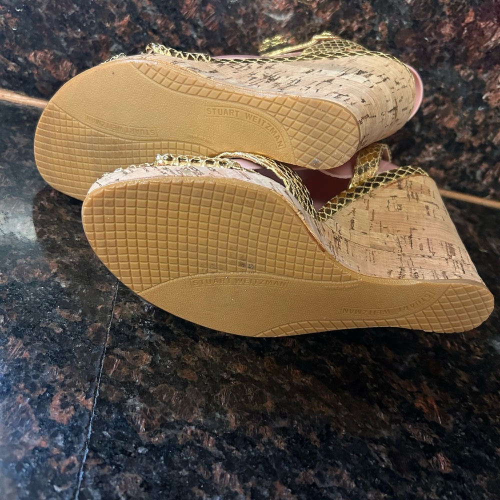 Stuart Weitzman metallic Gold snake print cork espadrilles ankle buckle strap 9 - Picture 7 of 10